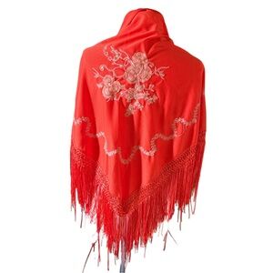 Vintage large v shaped orange white  Floral Embroidered Shawl with fringe